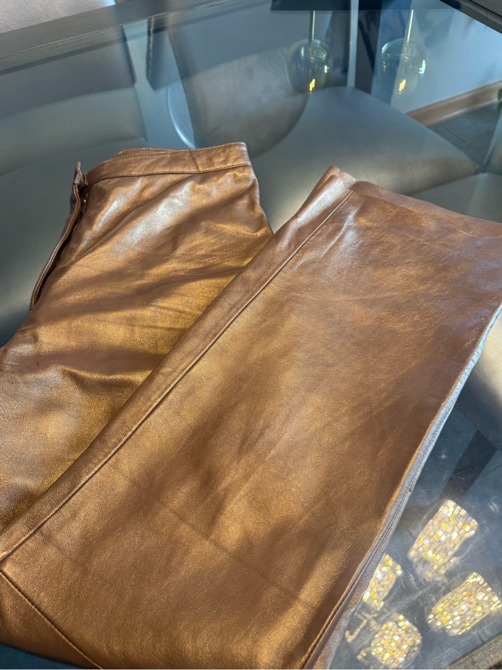 Women’s Metallic Bronze Leather Pants- Classic Stylish Fit - Picture 2 of 9